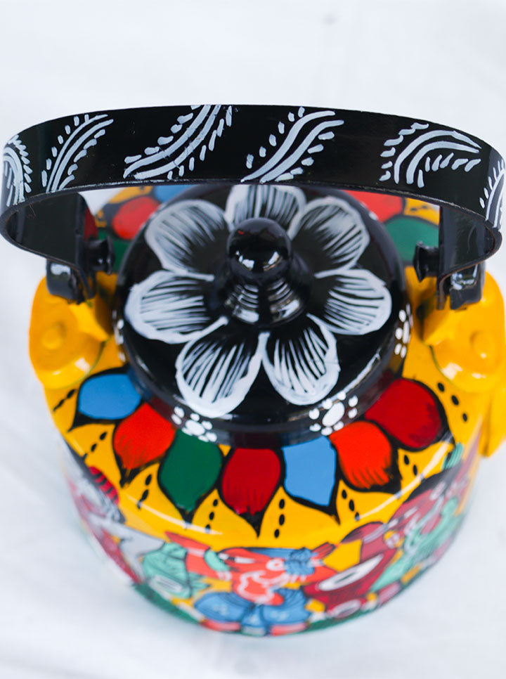 Hand-Painted Pattachitra Kettle – Tribal & Folk Art Theme (Yellow And Black)