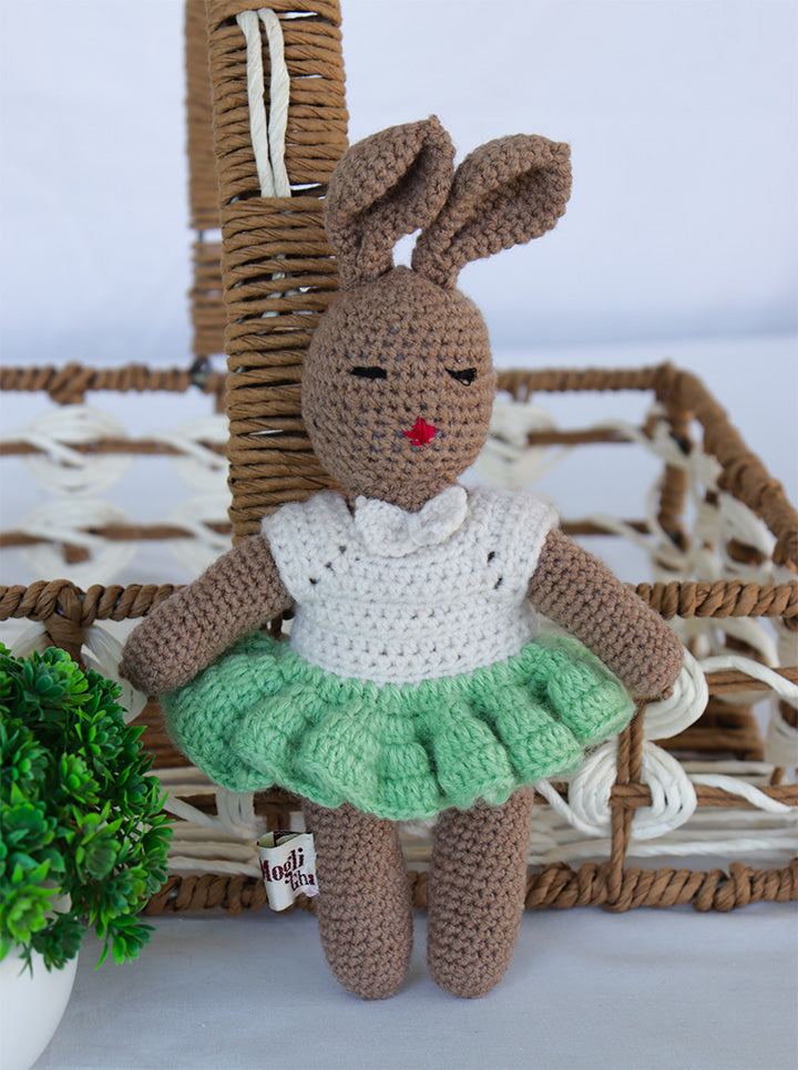 Handmade Crochet Miss Bunny Doll โ Soft & Adorable Plush Toy (White And Green Dress)
