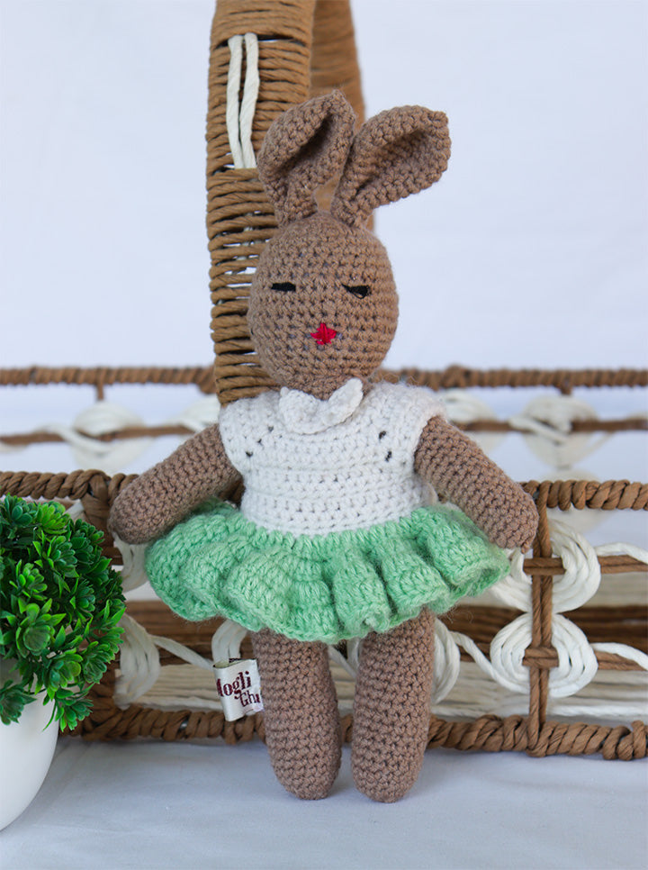 Handmade Crochet Miss Bunny Doll โ Soft & Adorable Plush Toy (White And Green Dress)