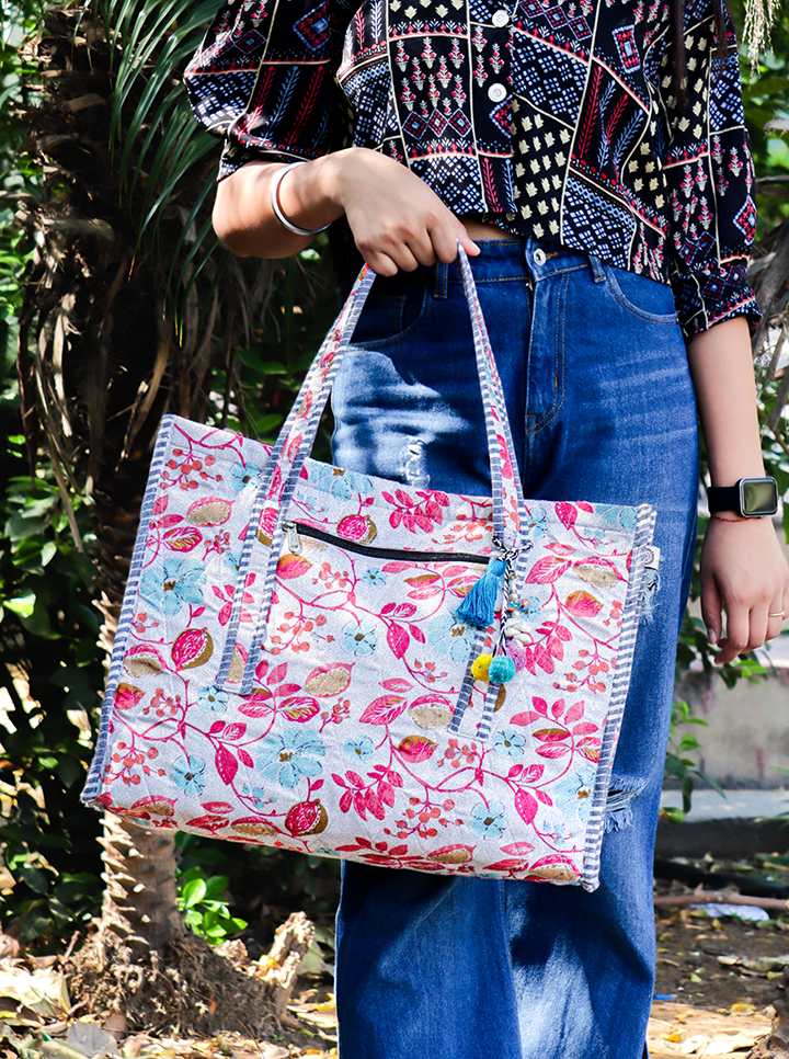 Cotton Washable Tote Bag (Pink+Blue Floral)