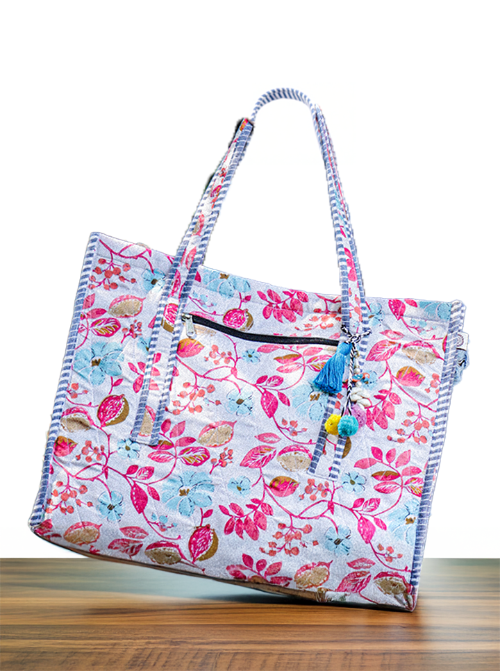 Cotton Washable Tote Bag (Pink+Blue Floral)