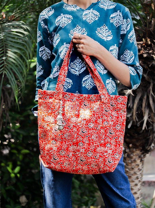 Handmade Fabric Bag with coordinated travel pouch