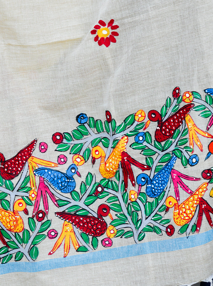 Hand-Painted Pattachitra Dupatta | Vibrant Bird & Floral Motifs