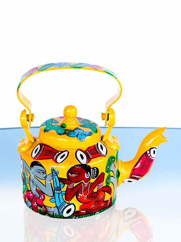 Hand-Painted Pattachitra Kettle – Tribal Folk Art Theme (Yellow)