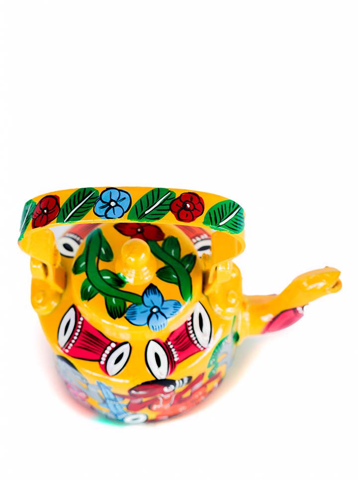 Hand-Painted Pattachitra Kettle – Tribal Folk Art Theme (Yellow)