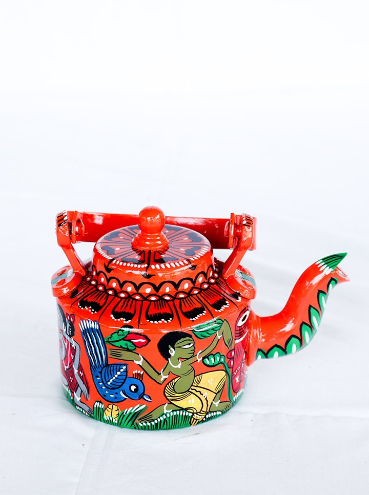 Hand-Painted Pattachitra Tribal  Kettle – A Timeless Blend of Art & Tradition (Orange)