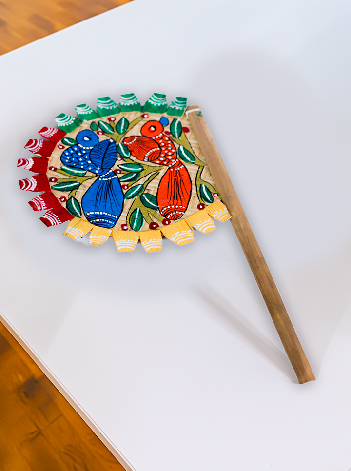 Hand-Painted Bamboo Hand Fan β Pattachitra Bird Art (Blue And Orange)