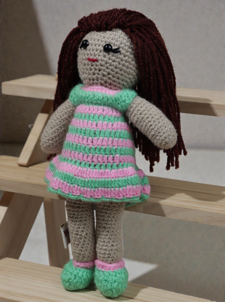 Handmade Crochet Pink & Green Frock Doll