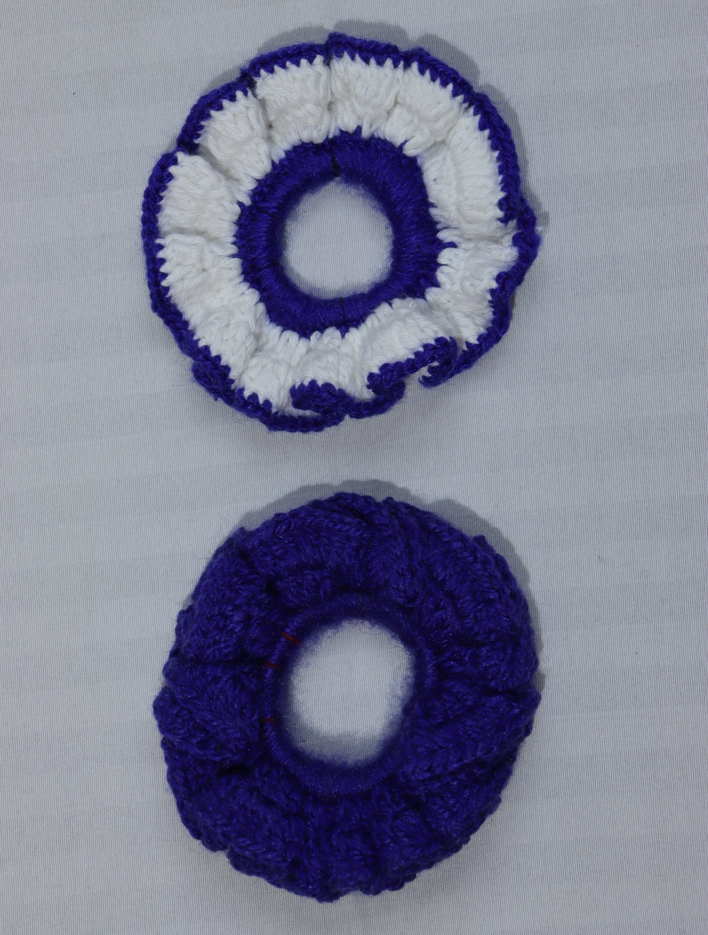 Handmade Wool Scrunchie Set | Navy Blue & White Crochet Hair Ties (Pack of 2)