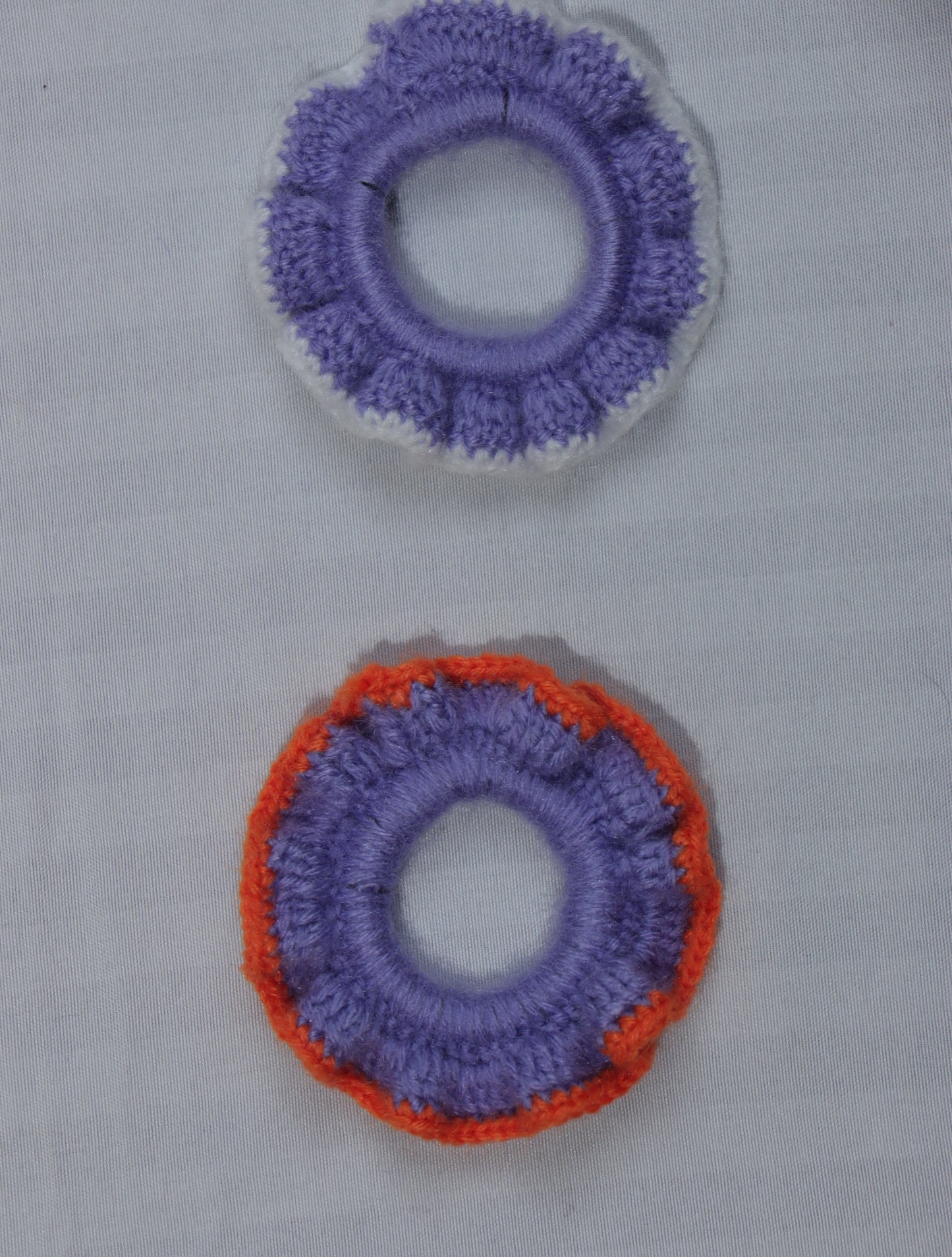 Handmade Crochet Wool Scrunchies (Set of 2) – Lavender & Violet-Orange | Soft Hair Tie Set