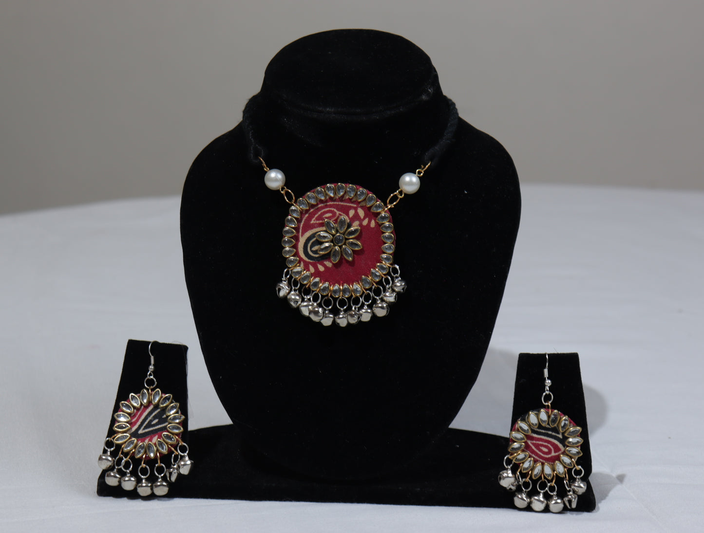 Handmade Fabric Kundan Necklace Set with Ghungroo Drops | Red & Black Ethnic Jewellery