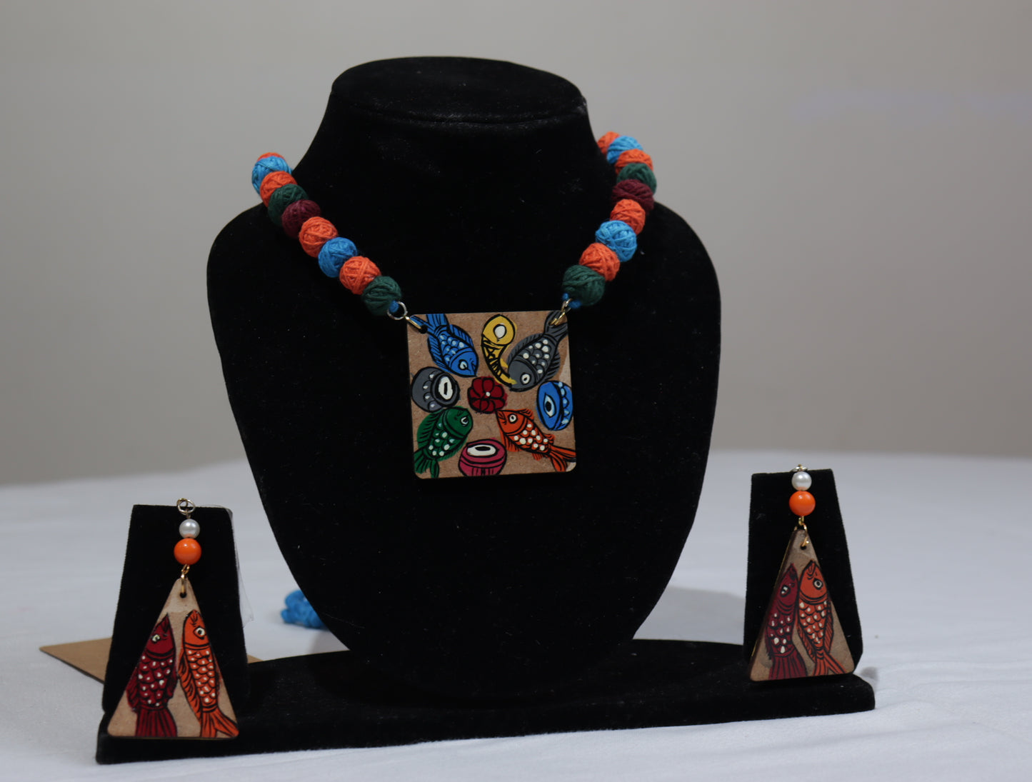 Handpainted Pattachitra Style Fish Art Necklace Set | Multicolor Thread Beads | Handmade Tribal Jewelry