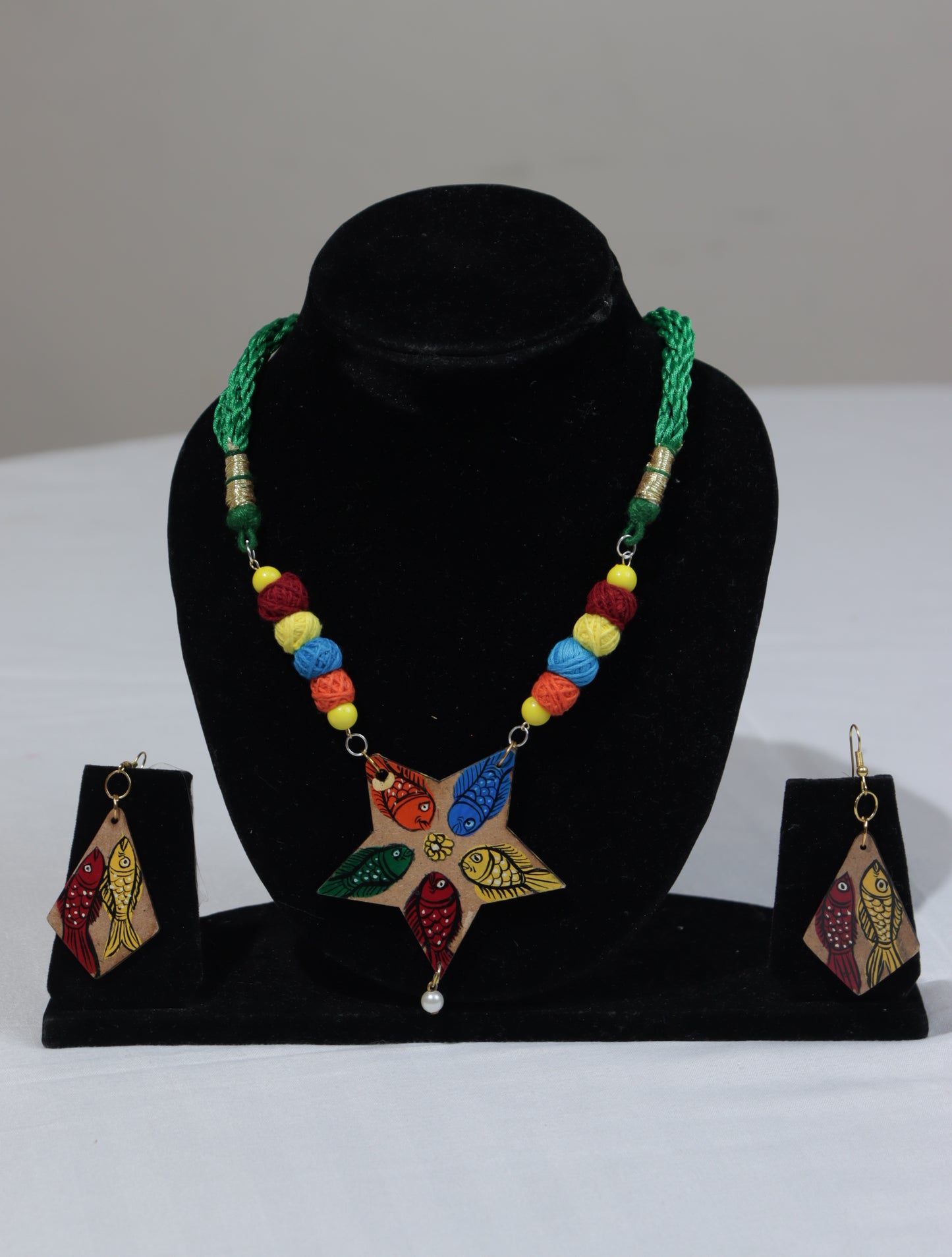 Handpainted Pattachitra Fish Art Star Pendant Necklace Set | Multicolor Crochet Beads | Handmade Boho Jewellery