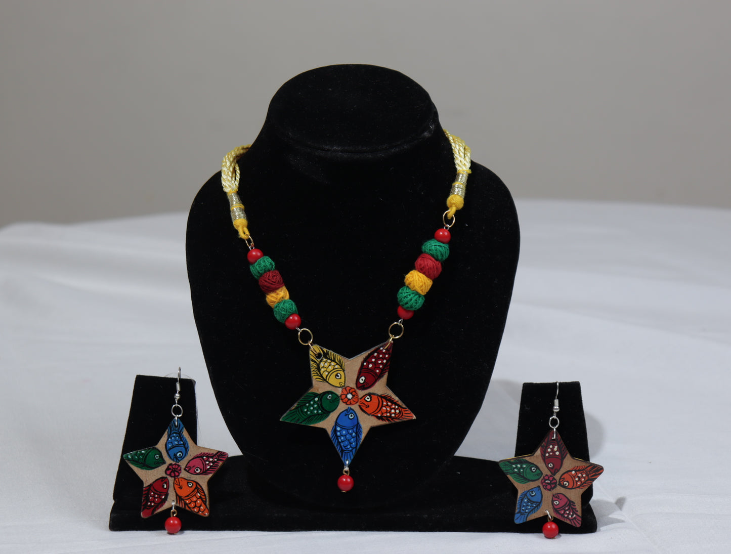 Handpainted Pattachitra Star Pendant Necklace Set | Multicolour Crochet Beads | Tribal Folk Art Jewellery