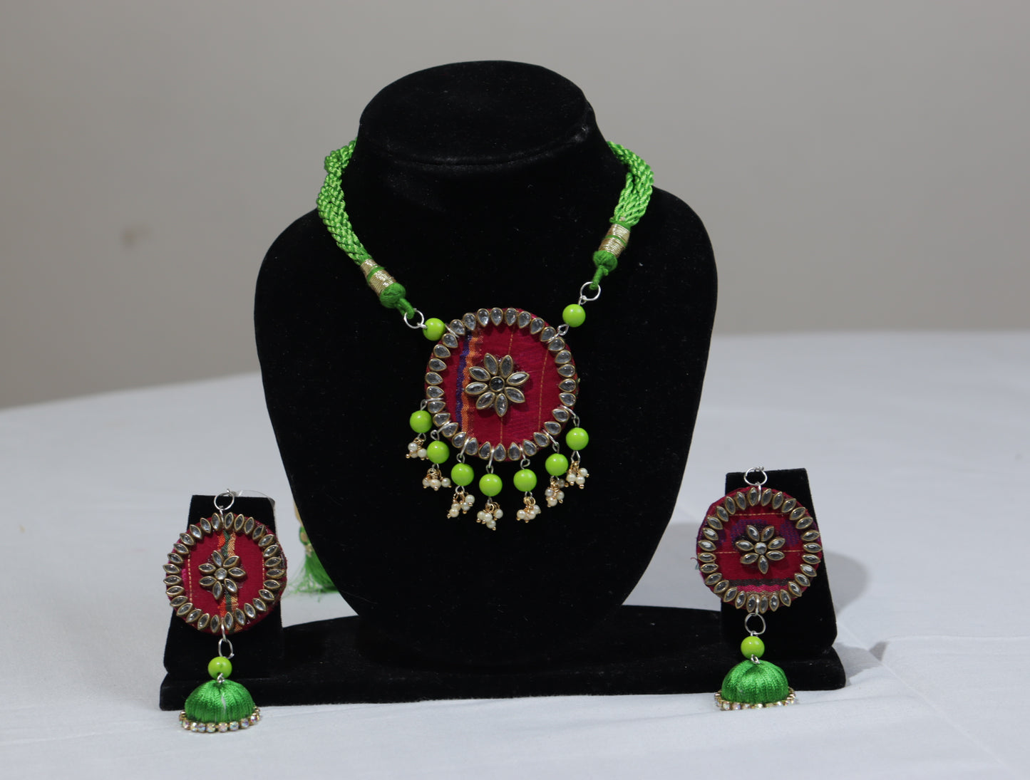 Handcrafted Fabric Necklace Set with Thread Jhumkas | Red–Green Tribal Fusion Jewellery | Mirror Work Pendant