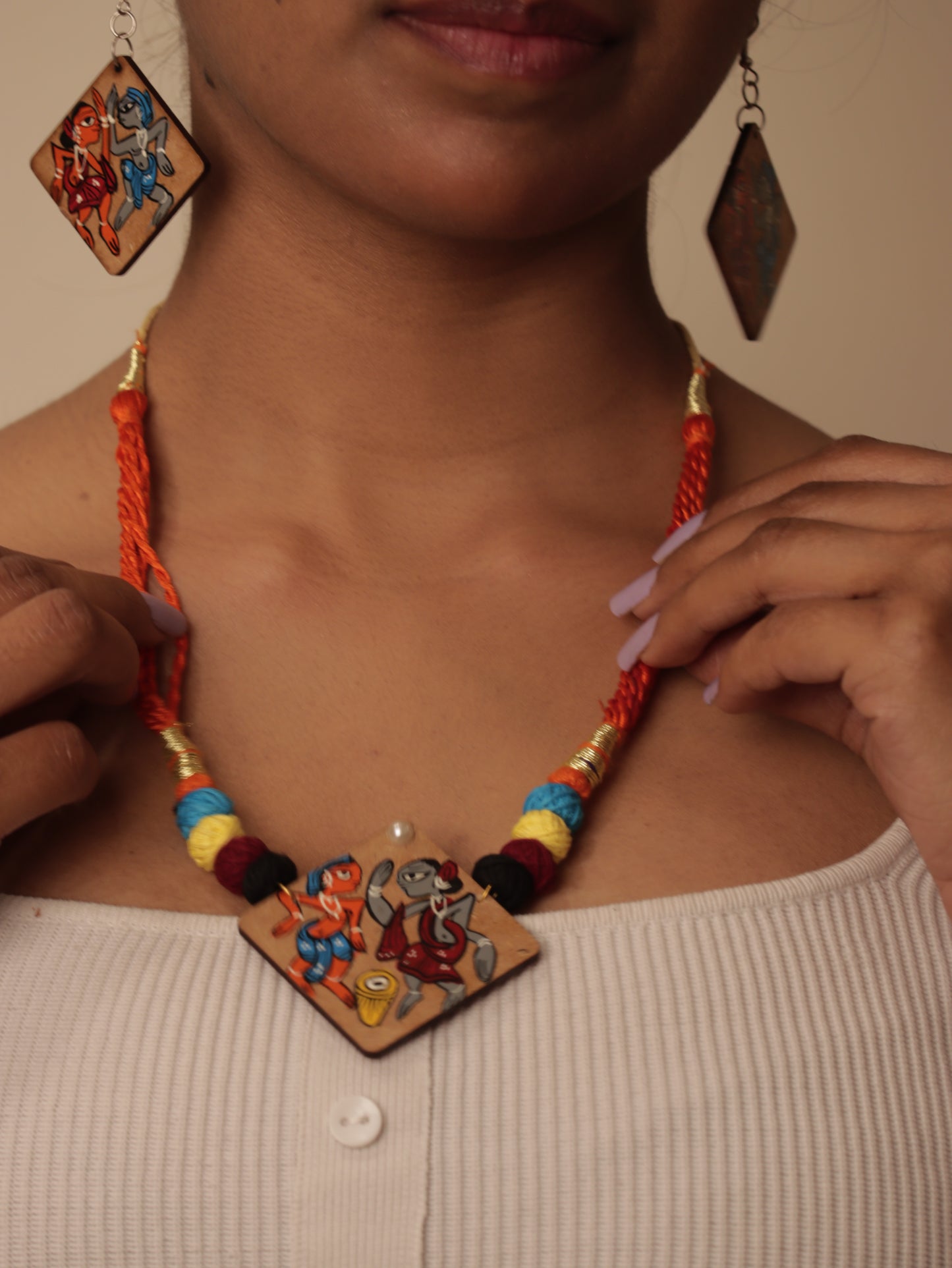 Hand-Painted Pattachitra Wooden Necklace Set