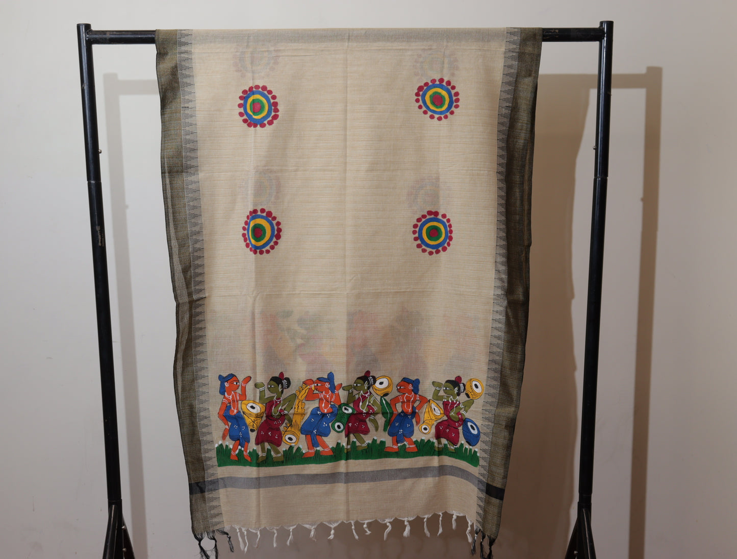 Bengal Pattachitra Handpainted Dupatta – Tribal Dance Motif