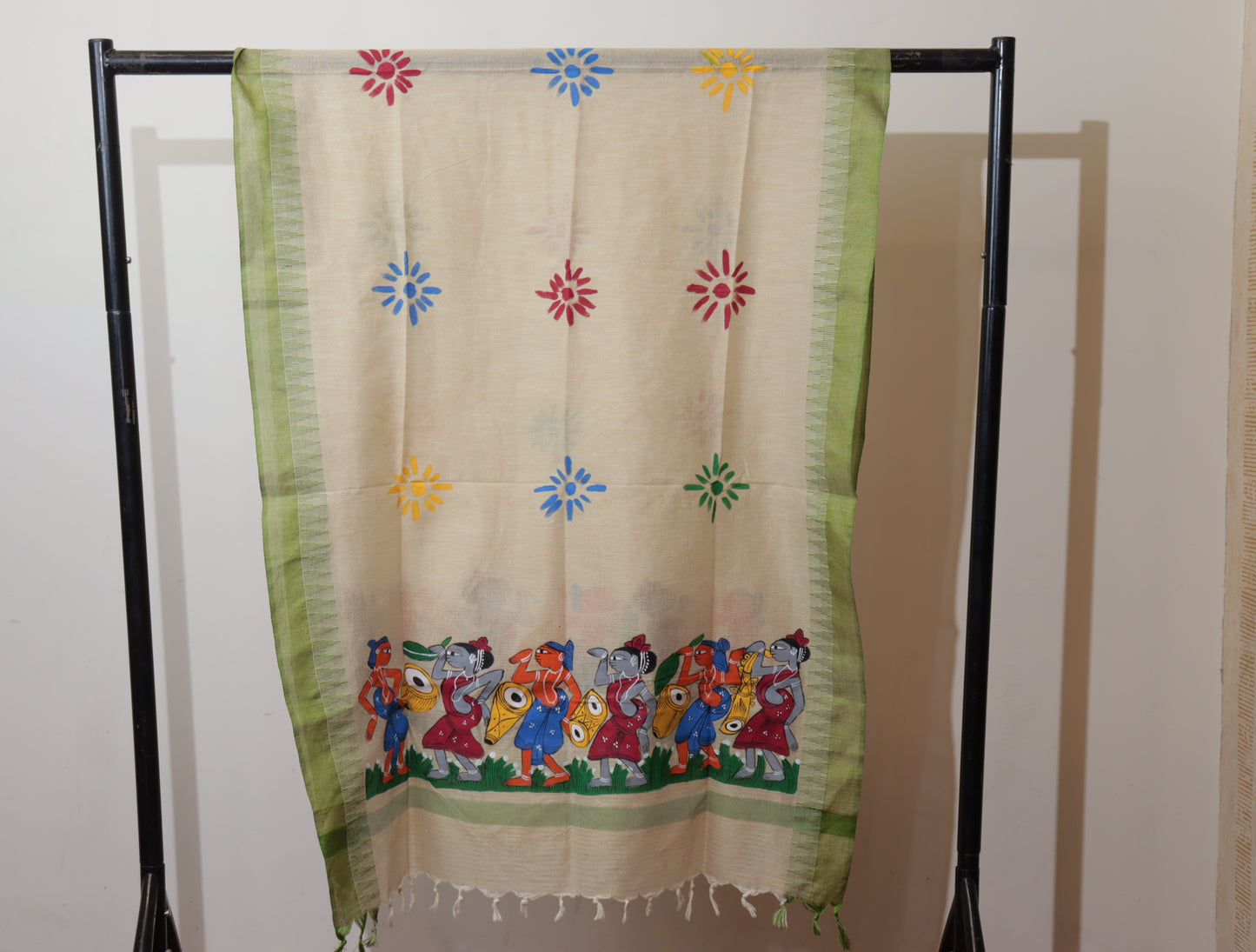 Handcrafted Bengal Pattachitra Dupatta – Green Border Edition
