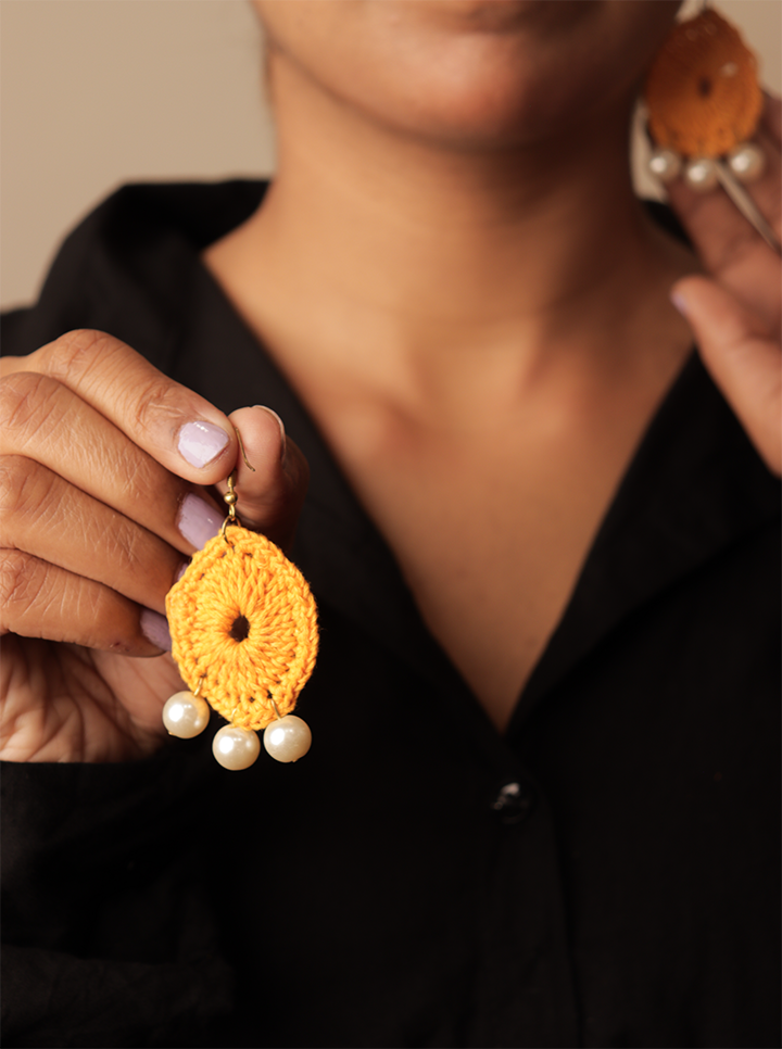 Handmade Dark Yellow Crochet Earrings with Pearl – Timeless Elegance