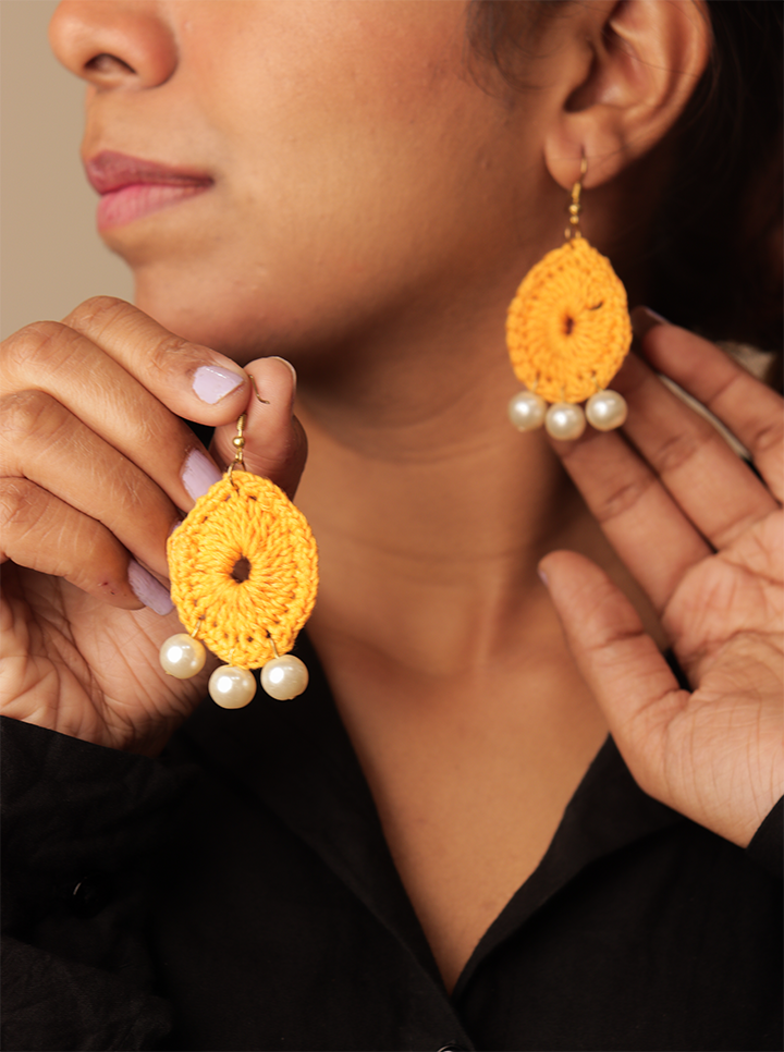 Handmade Dark Yellow Crochet Earrings with Pearl – Timeless Elegance