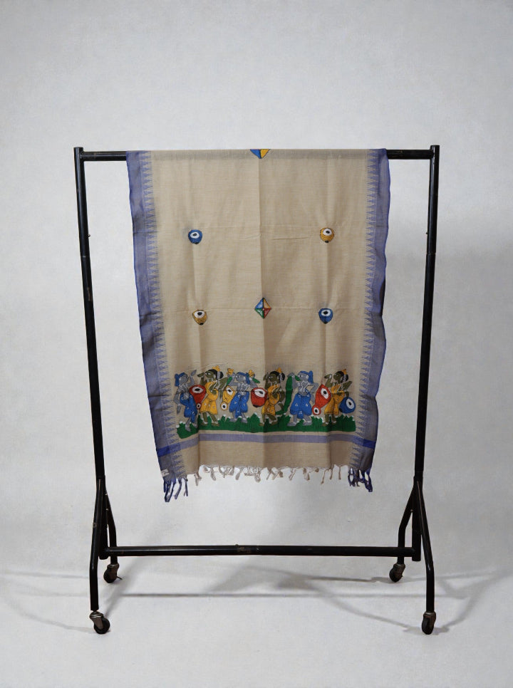 Hand-Painted Bengal Pattachitra Dupatta – Folk Dance Motif | Blue Border