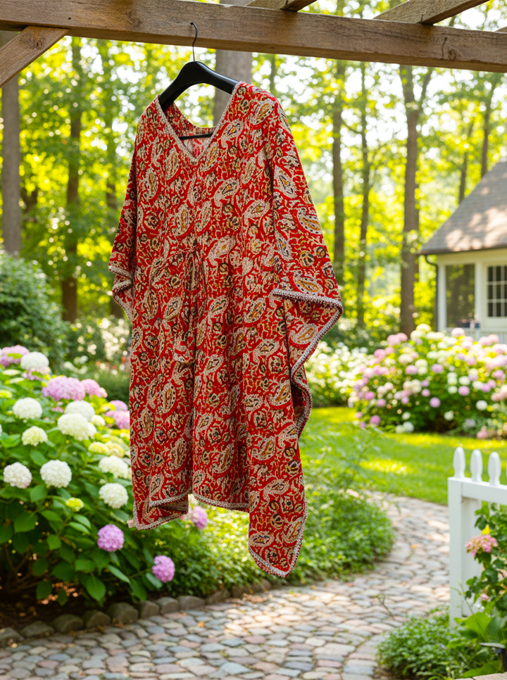 Handcrafted Red Block Print Kaftan