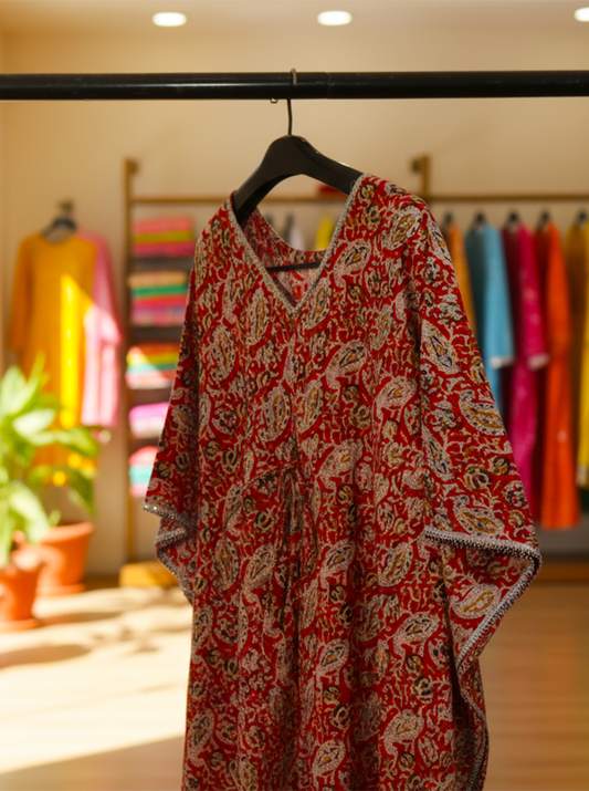 Handcrafted Red Block Print Kaftan