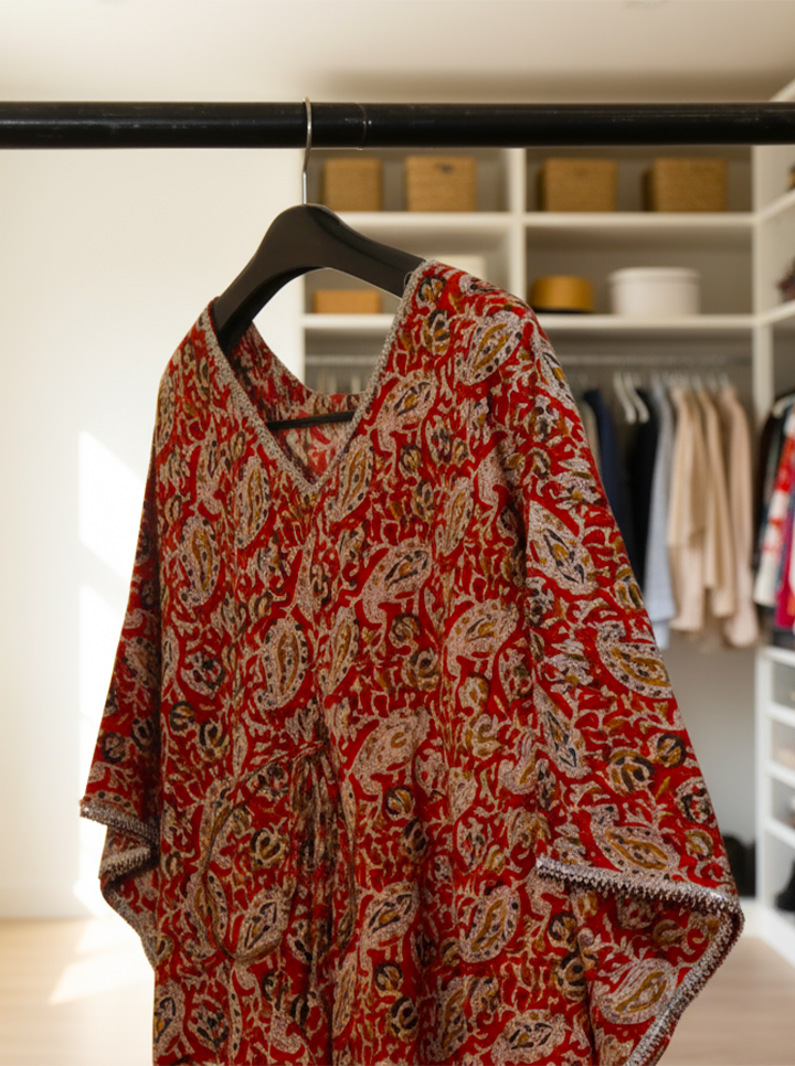 Handcrafted Red Block Print Kaftan