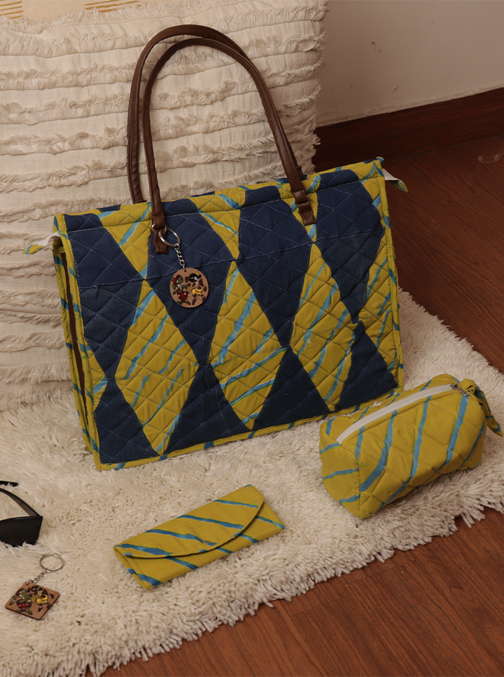 Handmade Quilted Bag Combo – 3-Piece Set (Navy Blue & Yellow)