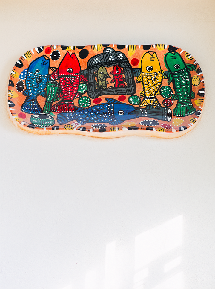 Handmade Pattachitra Wooden Wall Hanging – Vibrant Fish Folk Art Decor