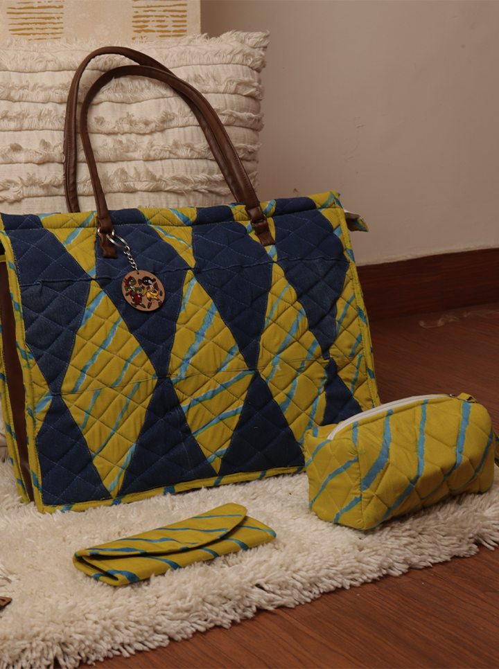 Handmade Quilted Bag Combo – 3-Piece Set (Navy Blue & Yellow)