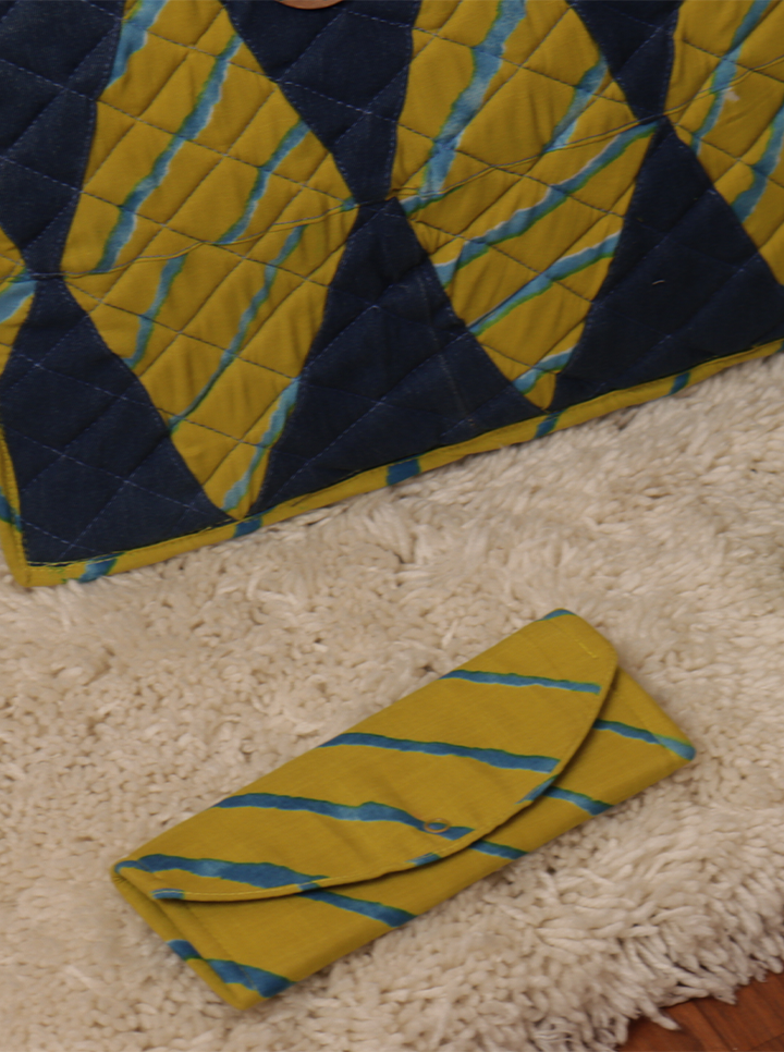 Handmade Quilted Bag Combo – 3-Piece Set (Navy Blue & Yellow)