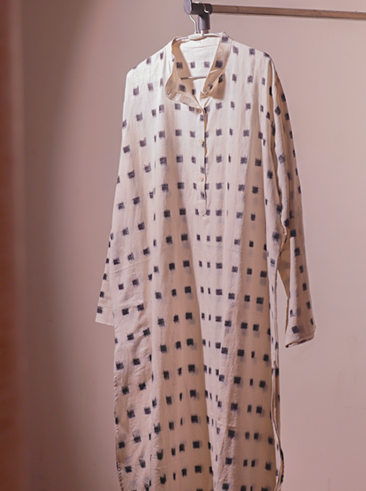 White Handblock Kurta with Black Square Motif – Minimal Meets Timeless