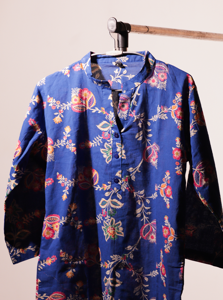 Handcrafted Indigo Blue Kaftan – Bold Blooms & Boho Spirit