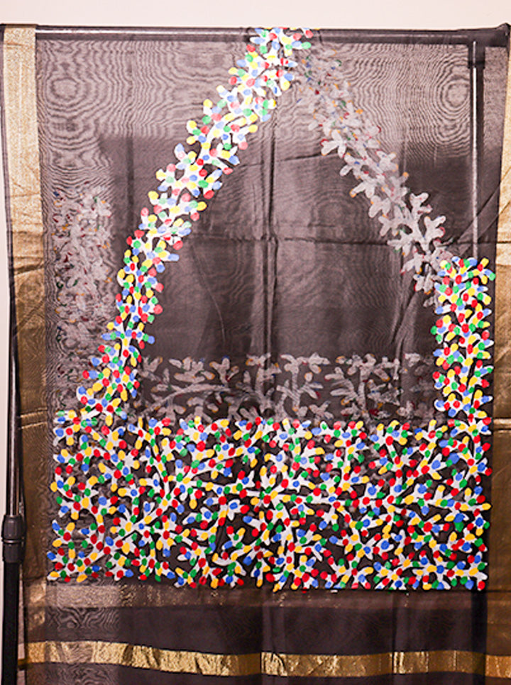 Pattachitra Handpainted Dupatta – Black | Multicolour Floral Elegance