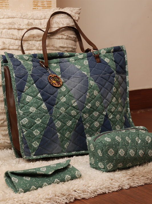 Handmade Quilted Bag Combo – 3-Piece Set (Denim Blue & Green Paisley
