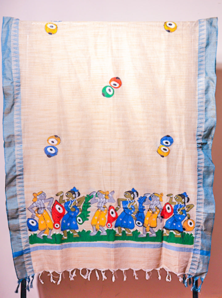 Pattachitra Handpainted Dupatta – Light Blue | Devotional Dance Motif
