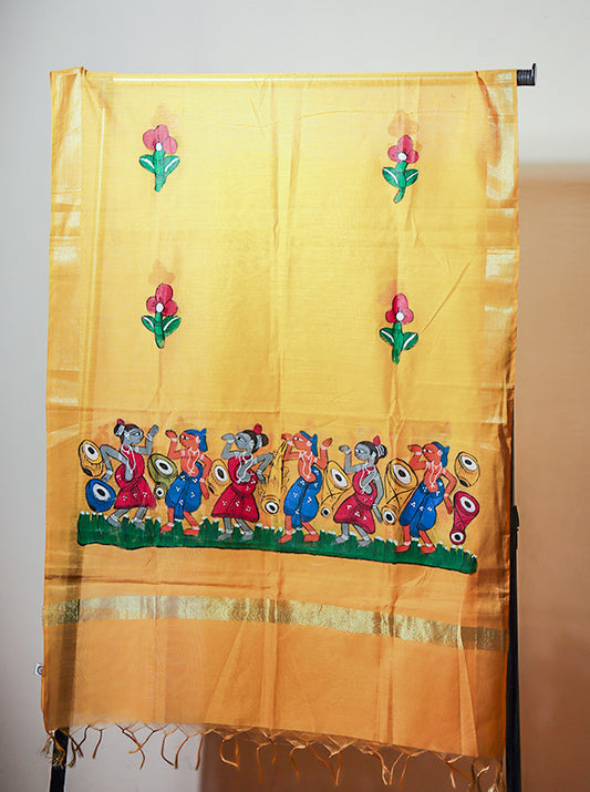 Pattachitra Handpainted Dupatta – Mustard Yellow