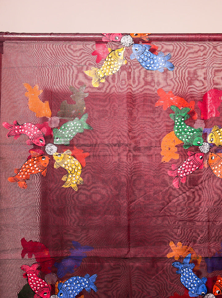 Pattachitra Handpainted Dupatta – Maroon | Fish Motif Elegance