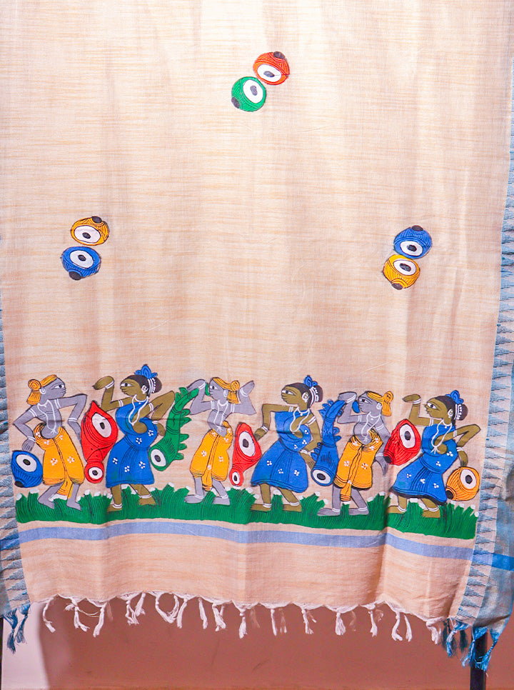 Pattachitra Handpainted Dupatta – Light Blue | Devotional Dance Motif