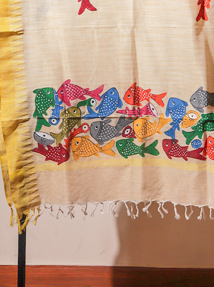 Hand Painted Patachitra Motif Dupatta (White)