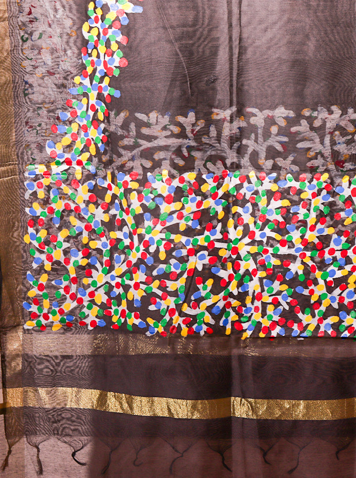 Pattachitra Handpainted Dupatta – Black | Multicolour Floral Elegance