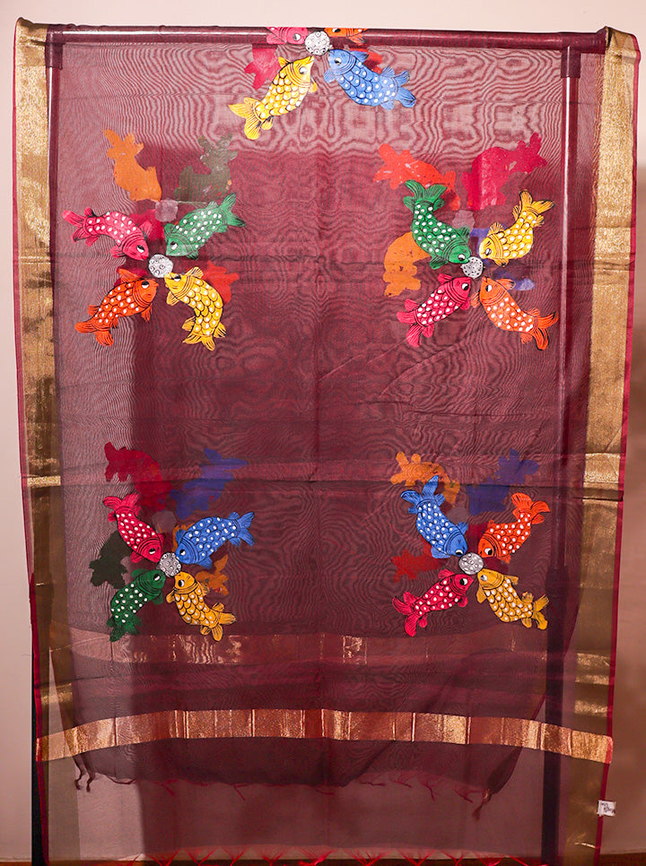 Pattachitra Handpainted Dupatta – Maroon | Fish Motif Elegance