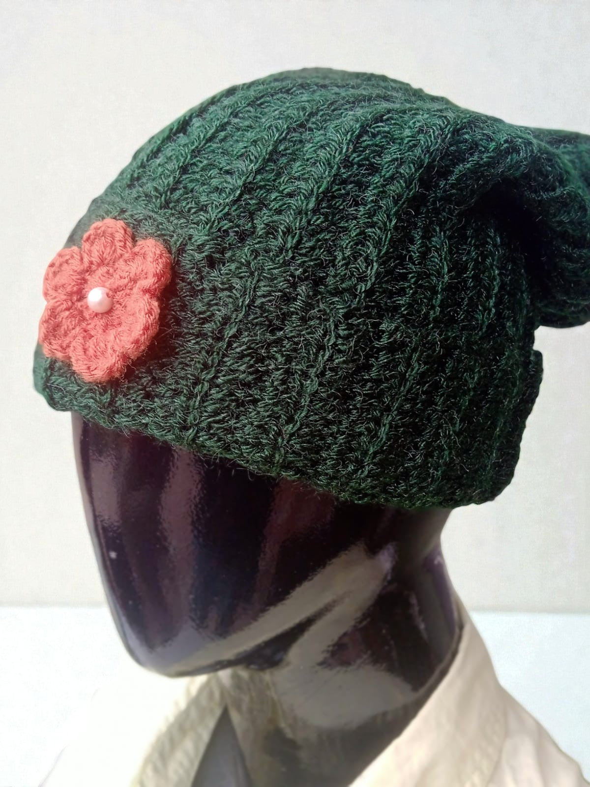 Handmade Forest Green Woolen Cap with Floral Accent