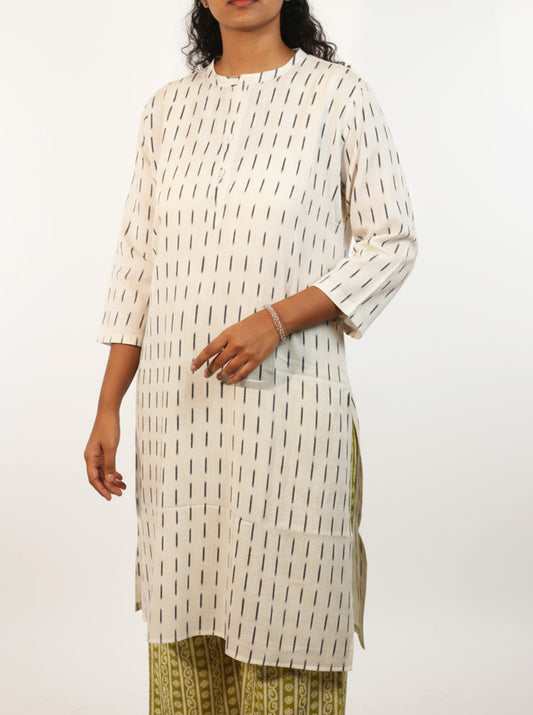 Classic White Kurti with Black Linear Design – Minimal & Elegant