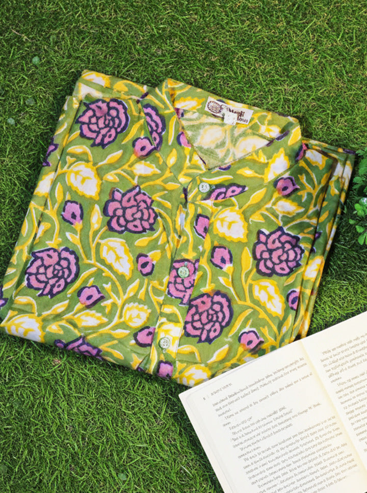 Green Kurti with Purple Floral Design