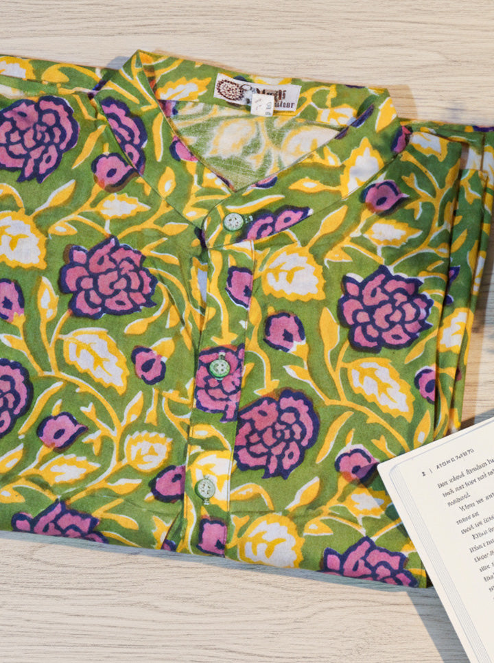 Green Kurti with Purple Floral Design