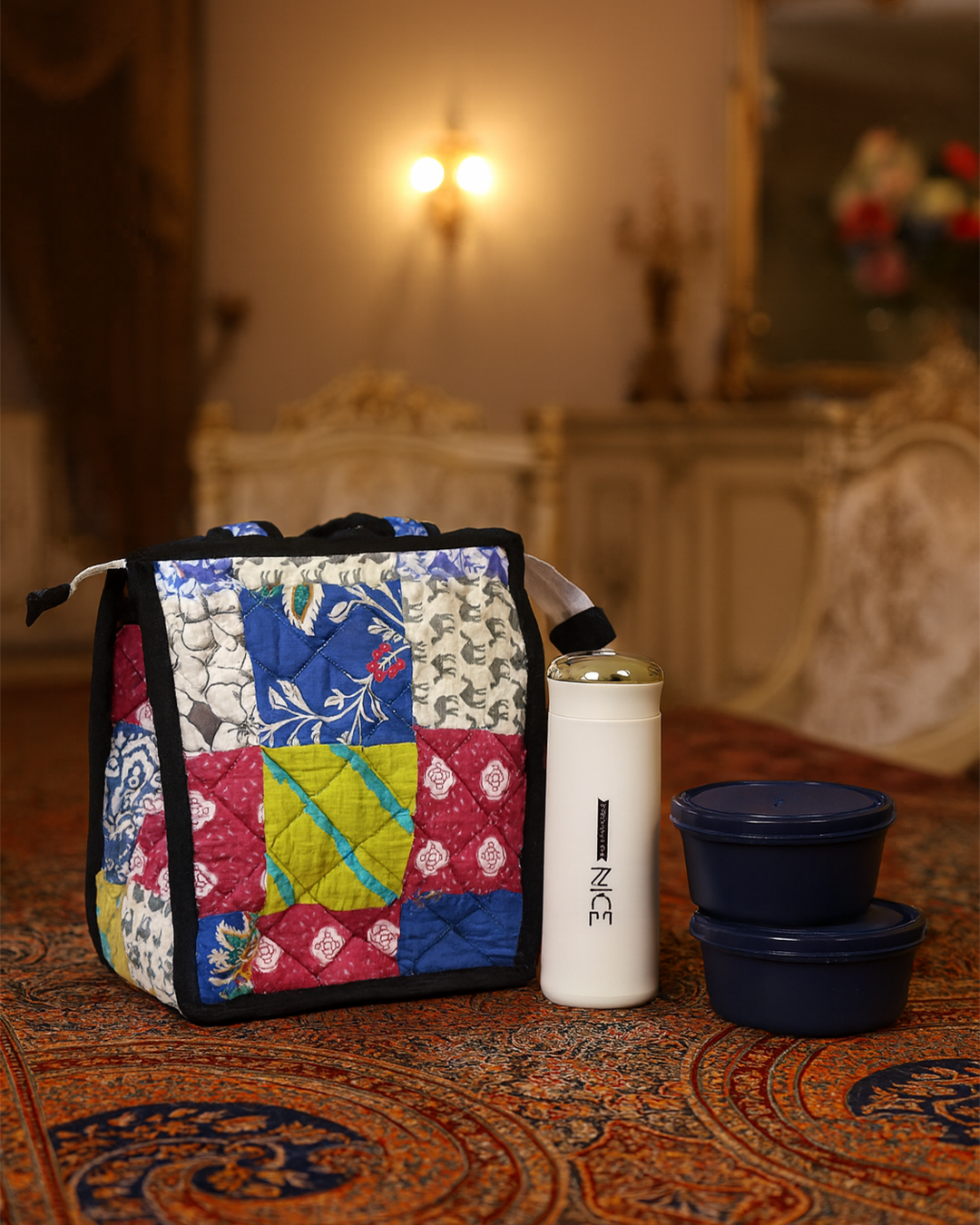 Handmade Lunch Box Carry Bag with Lunch Box & Water Bottle