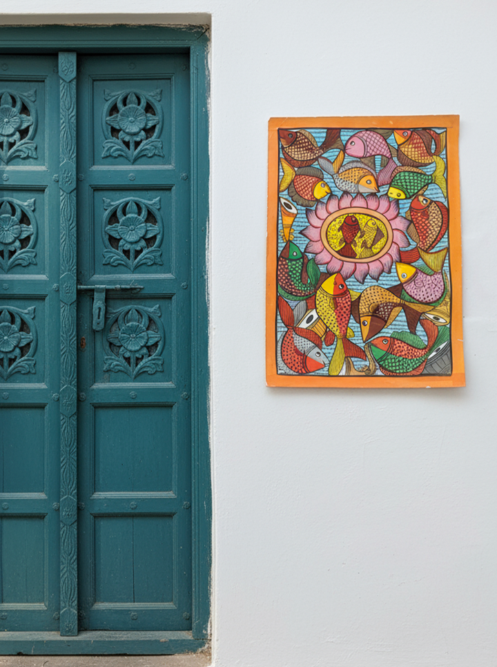 Pattachitra Painting – Fish & Lotus Motif (Bengal School of Art) (Without Frame)