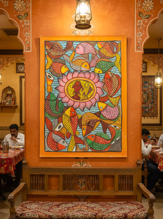 Pattachitra Painting – Fish & Lotus Motif (Bengal School of Art) (Without Frame)
